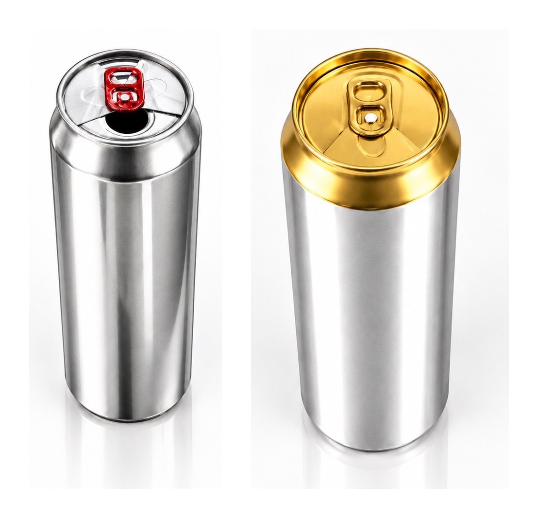 Two FlipSeal cans in brushed aluminium, one with a red tab and one with a gold tab.